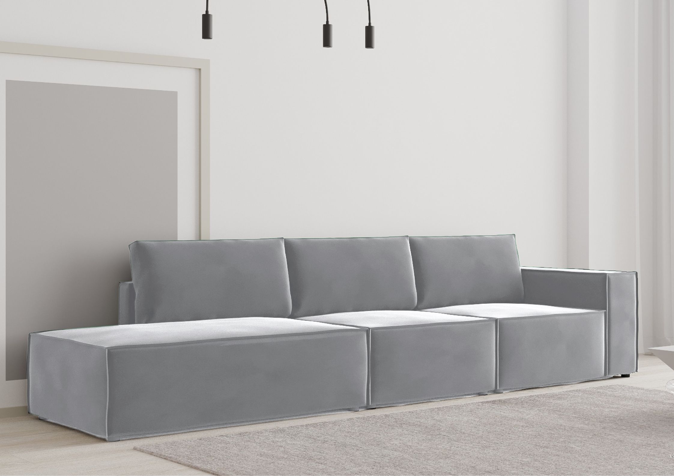 Szara sofa z przeszyciem zewnętrznym